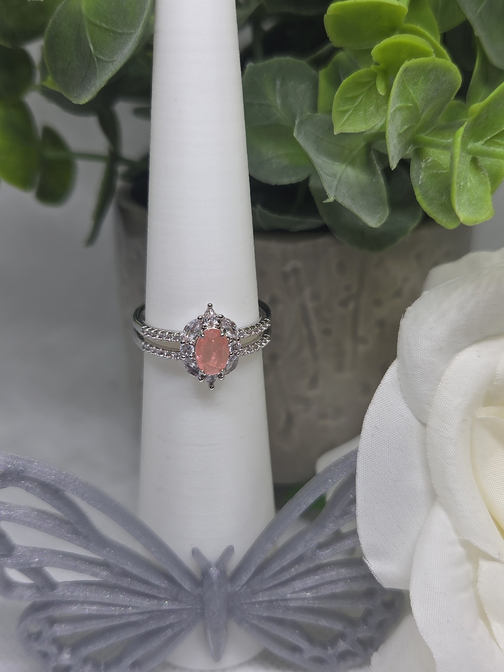 BP Watermelon Calcite Oval Halo Ring On Rhodium